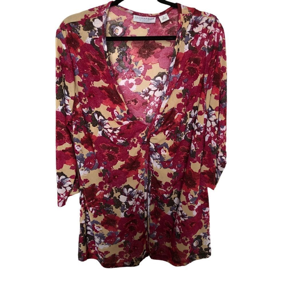 Sag Harbor Stretch Knit Top Beige and Pink Open twist front 3/4 sleeve 1X